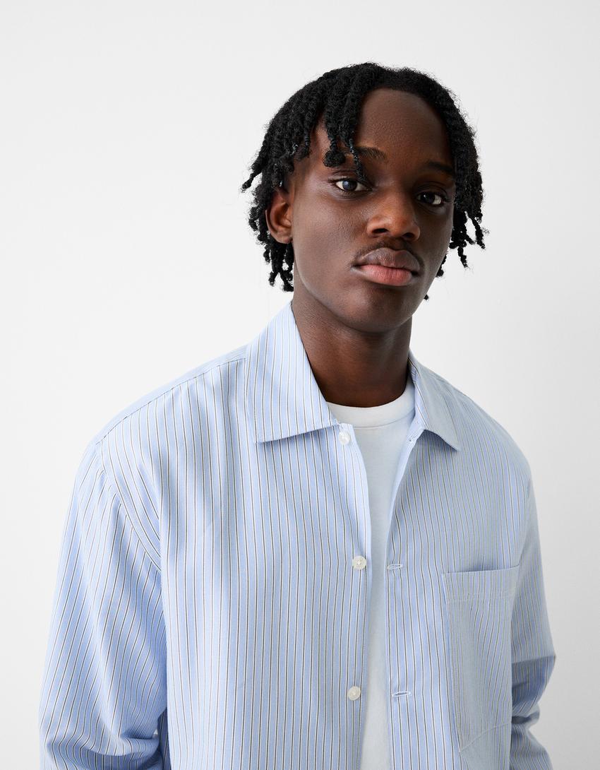 قميص بوبلين مقلم بأكمام طويلة-أزرق-2