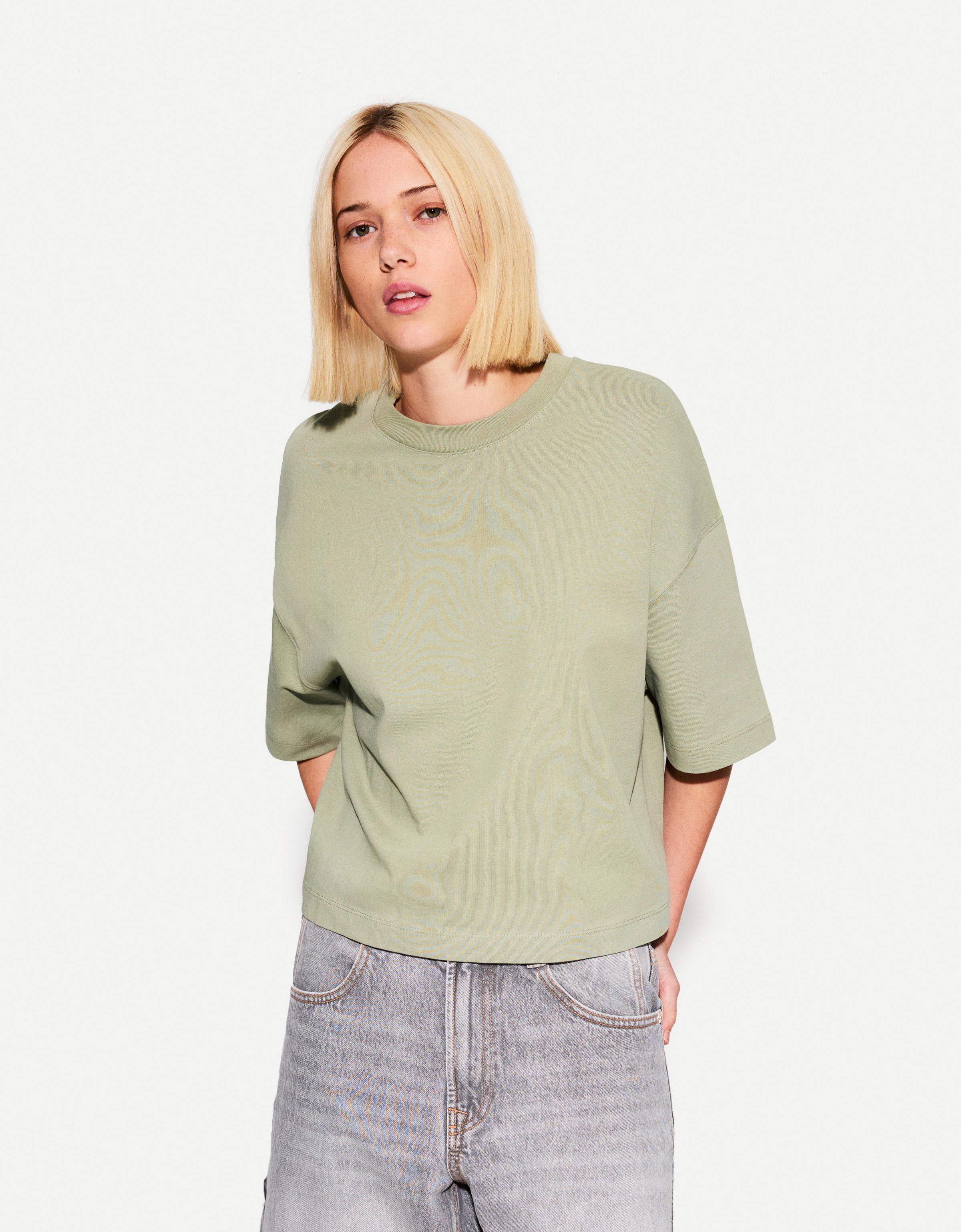 Bershka Oversize-T-Shirt Aus Schwerem Baumwollcotton Mit Kurzen Ärmeln Damen Xl Khaki