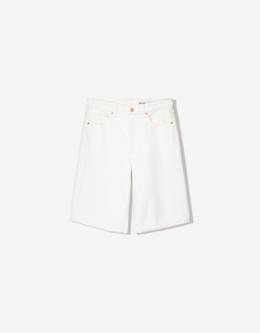 Baggy denim Bermuda shorts-Cream-0