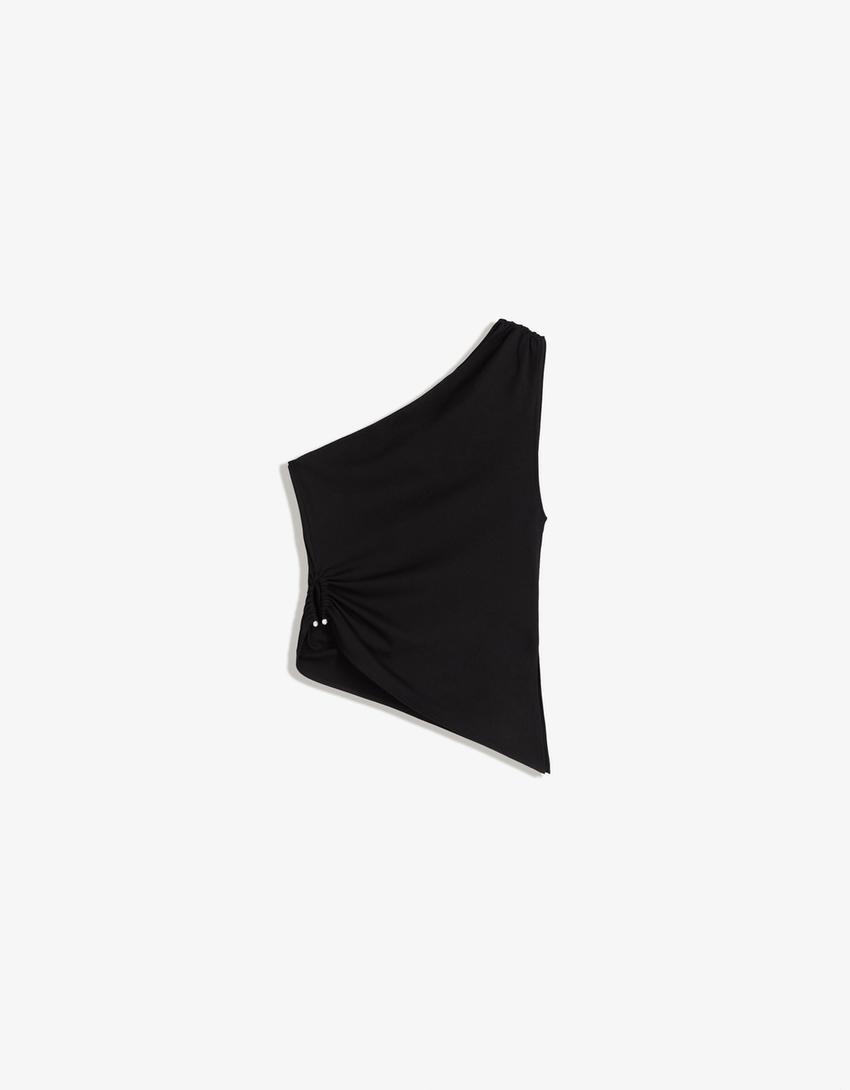 Asymmetric top with rhinestone ring-Black