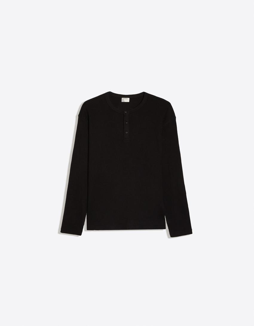 Slim-Fit Langarmshirt mit Knopfleiste-Schwarz