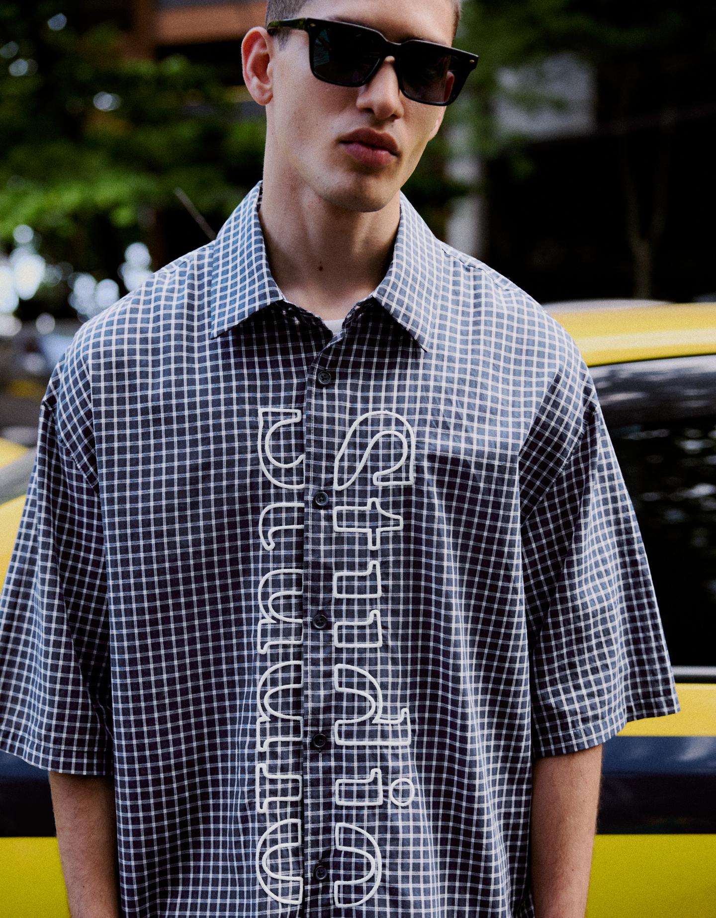 Bershka Camicia A Maniche Corte Boxy Fit Ricamata Uomo Xl Marino