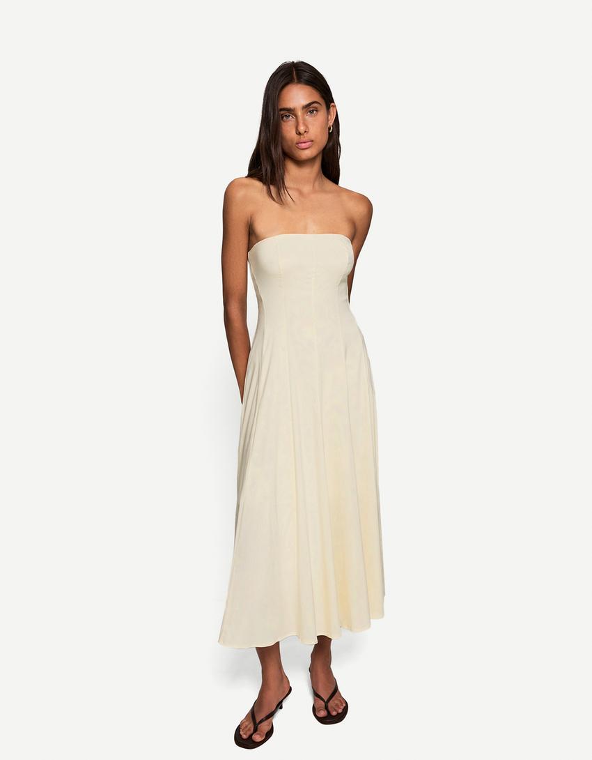 Bandeau neckline midi dress-Sand