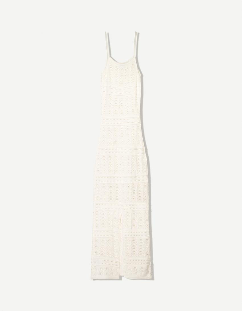 Rustic open knit midi dress-Cream-5