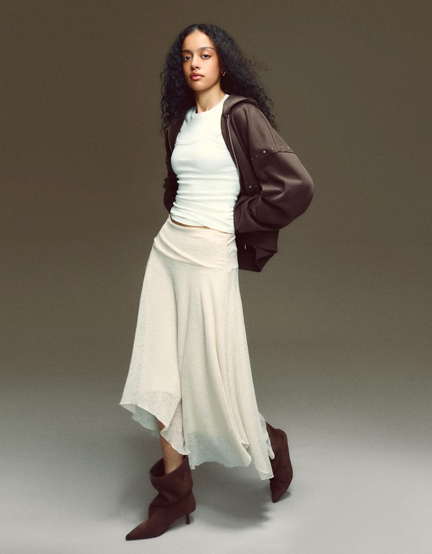 Parlak file midi etek-Krem