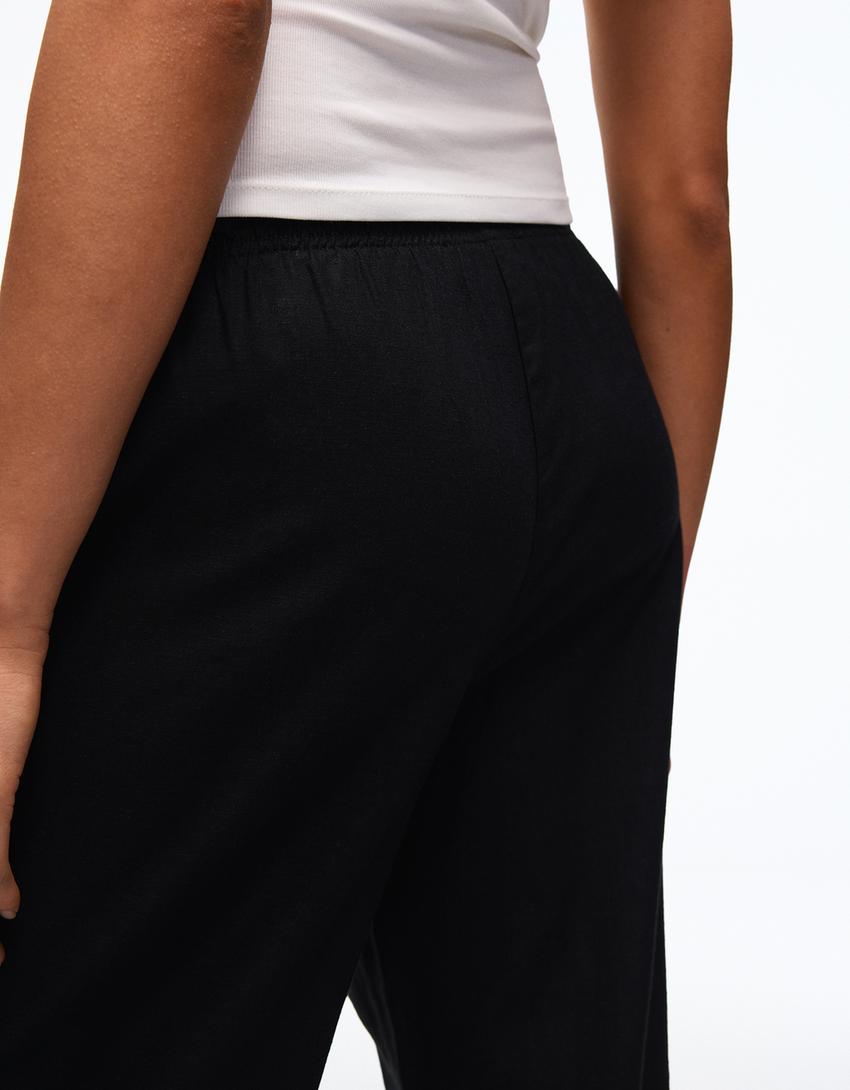 Maišyto lininio audinio kelnės tampriu juosmeniu-Juoda