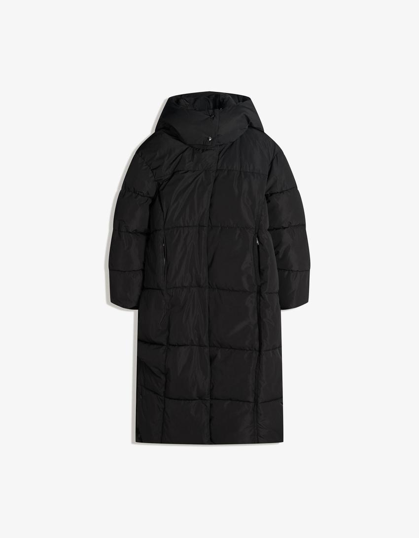 Long hooded puffer coat-Black