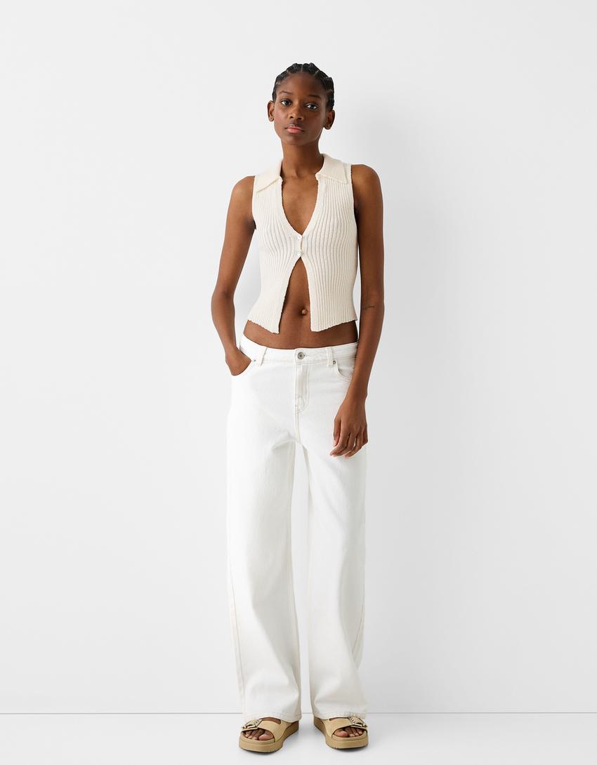 Rustic polo collar vest-Cream-3