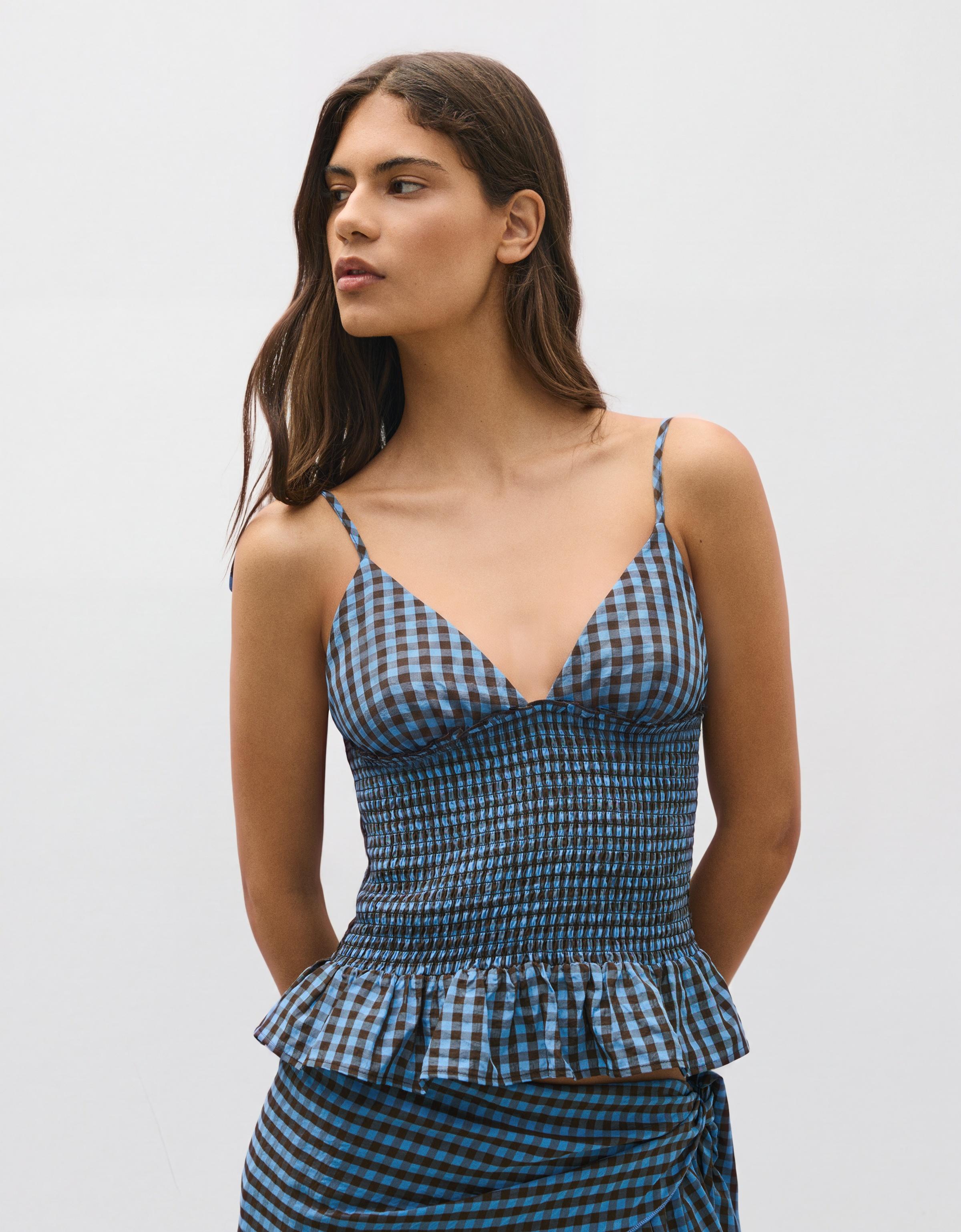Smocked check strappy top — Blue