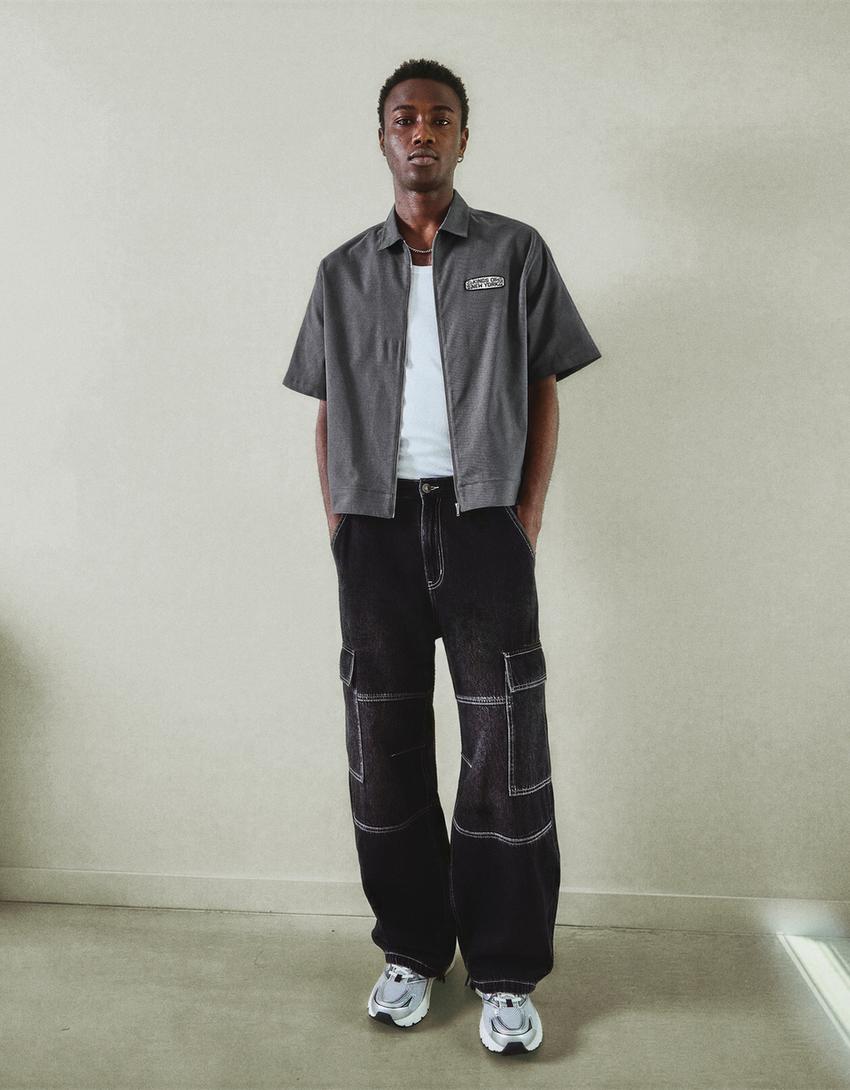 Short sleeve embroidered shirt with zip-Dark grey