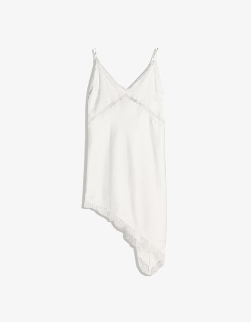 Vestido tirantes satén asimétrico-Crudo