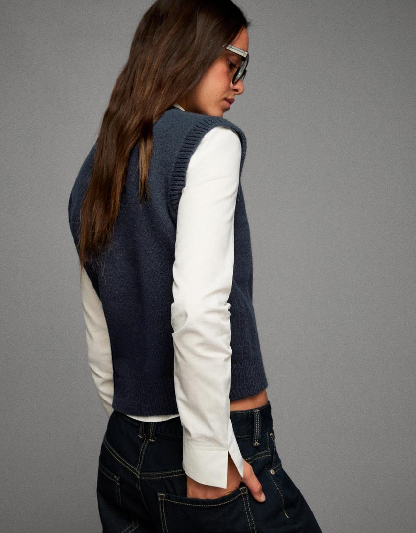Soft touch vest met V-hals-Blauw