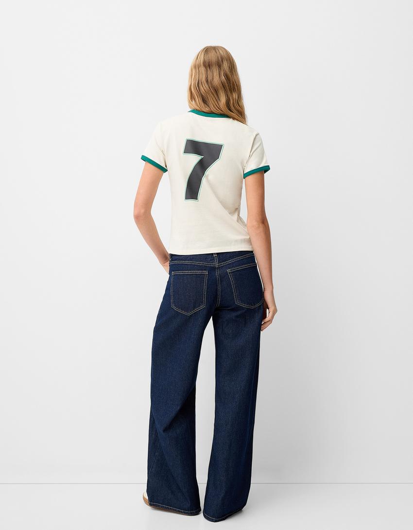 Contrast short sleeve sport print T-shirt-Cream-1