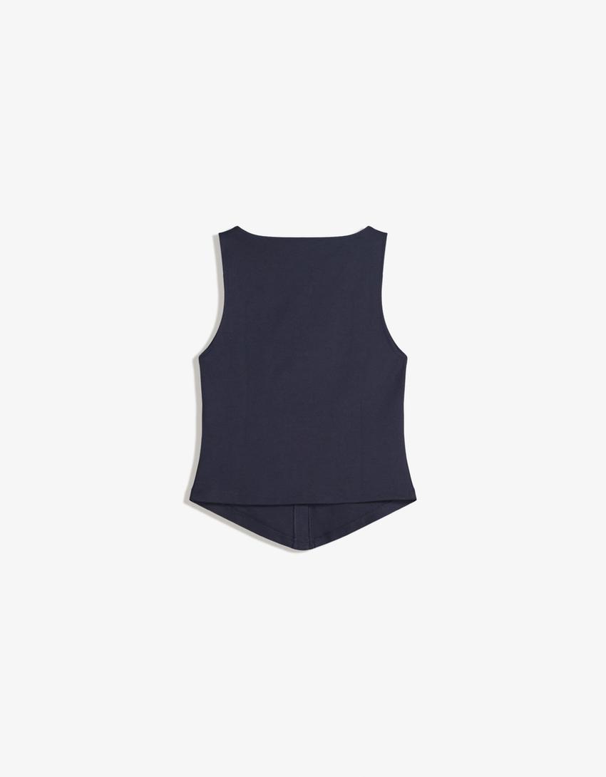 Top col carré crochets-Marine