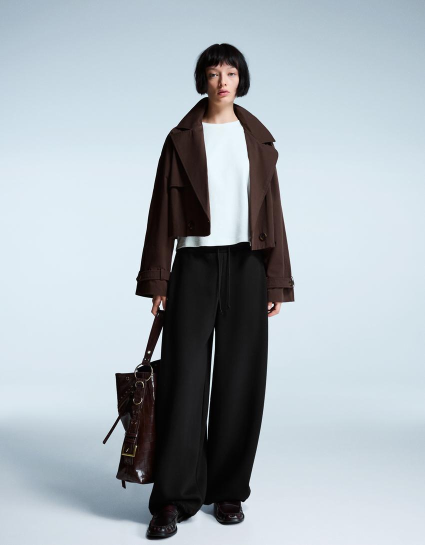 Plush barrel trousers with stoppers-Black