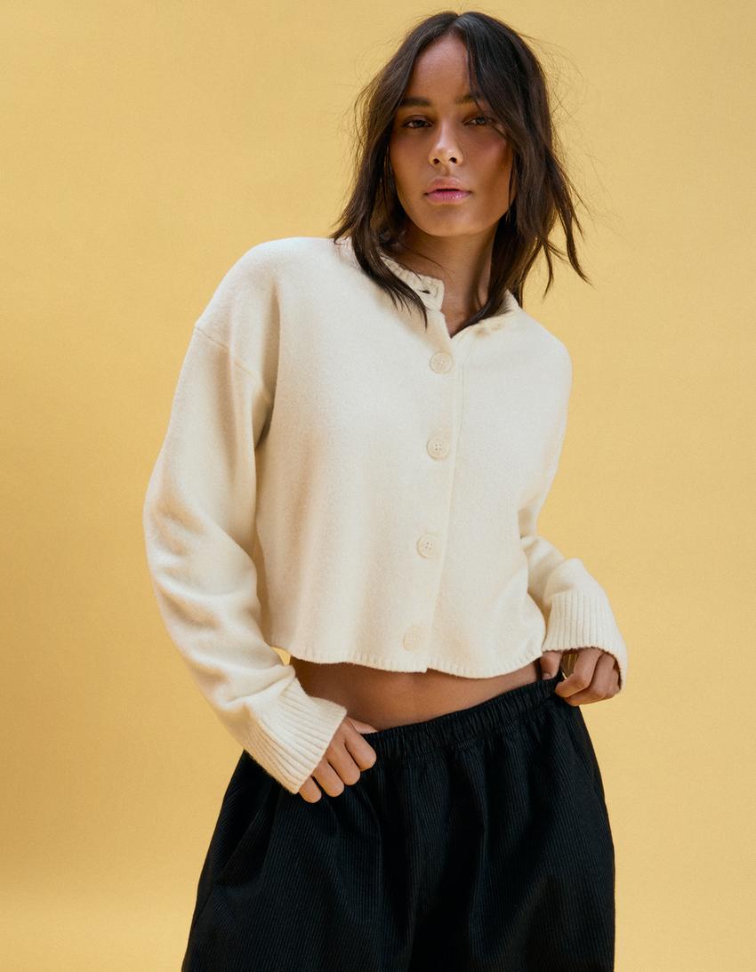 Soft touch round neck jacket-Cream