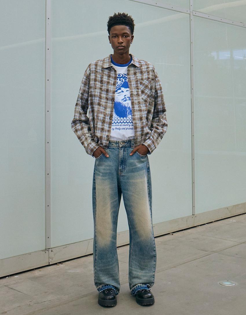 Flared baggy jeans-Gewassen blauw-0