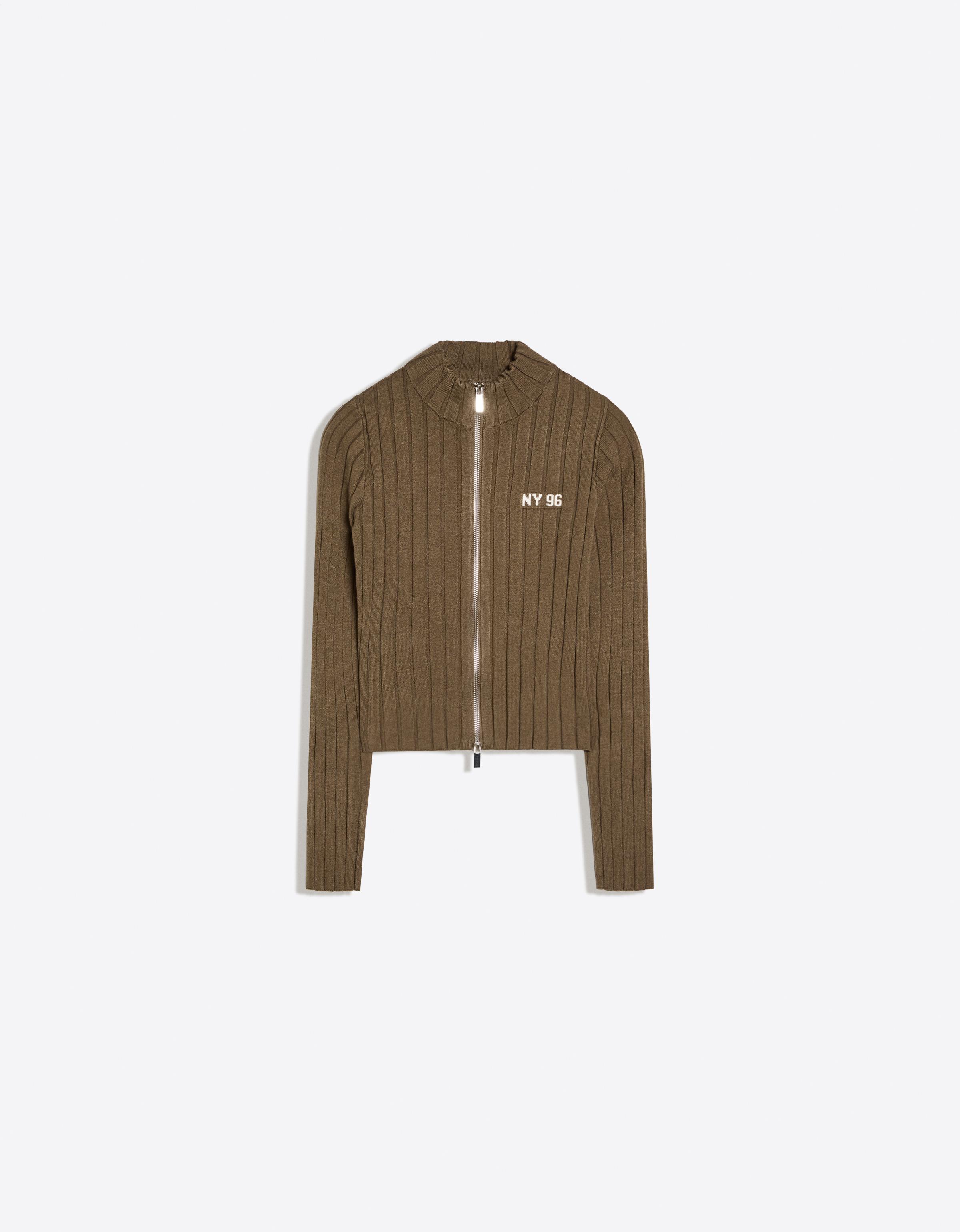 Ribbed knit zip-up cardigan — Khaki