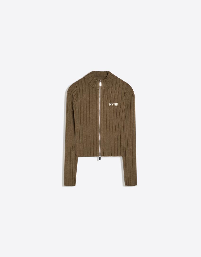 Ribbed knit zip-up cardigan-Khaki