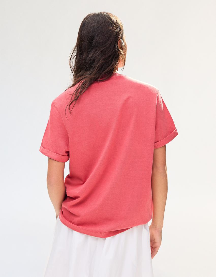 Short sleeve roll-up print T-shirt-Red