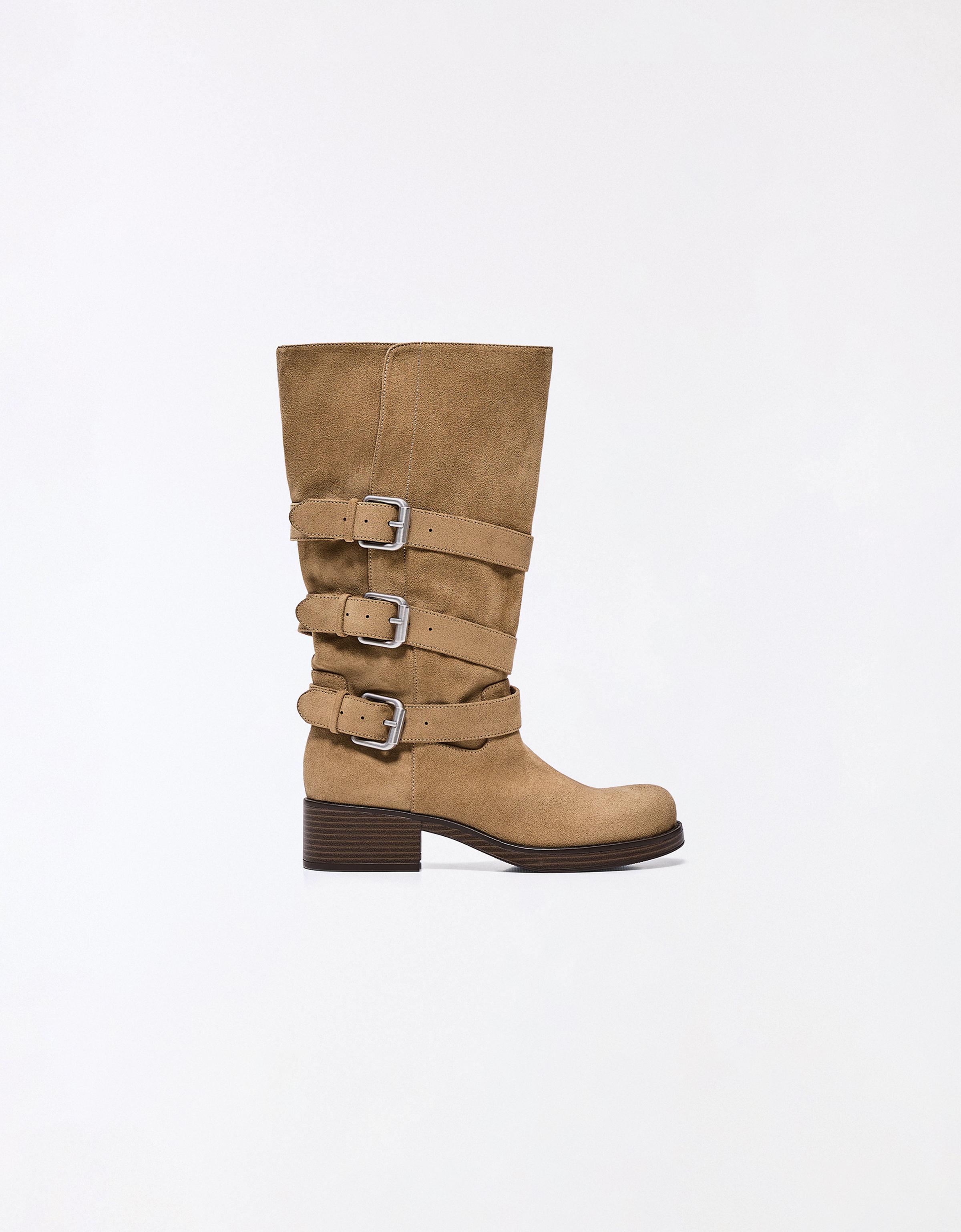 BUCKLED BIKER BOOTS — BEIGE