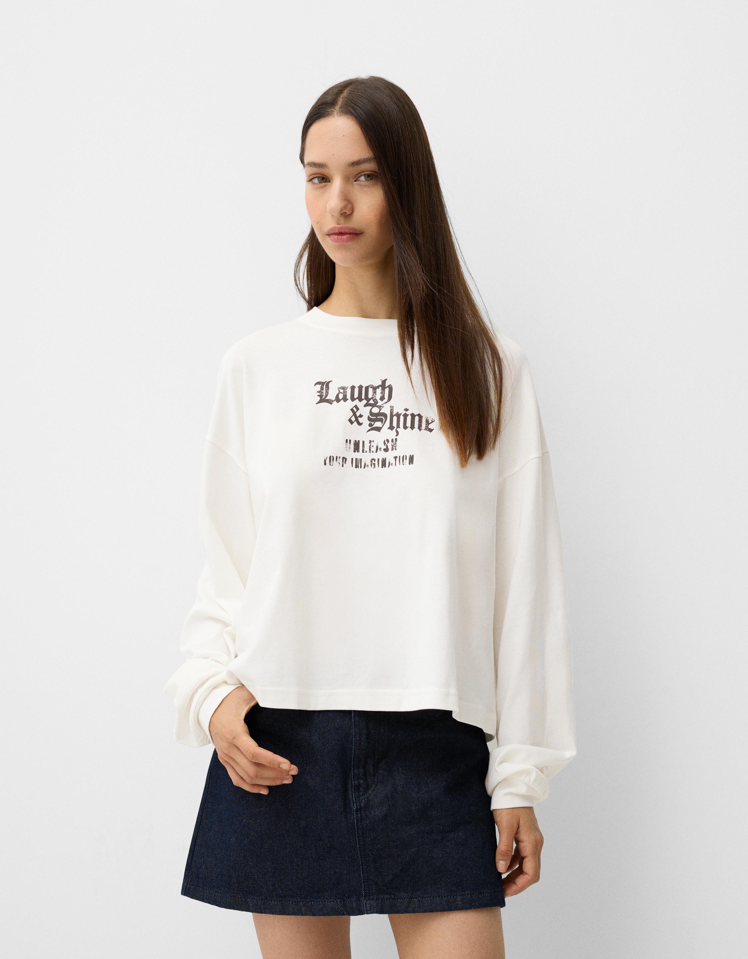 Bershka Langarmshirt Mit Print Damen L Grbrochenes Weiss