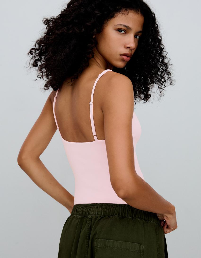 Round neck tank bodysuit-Pink