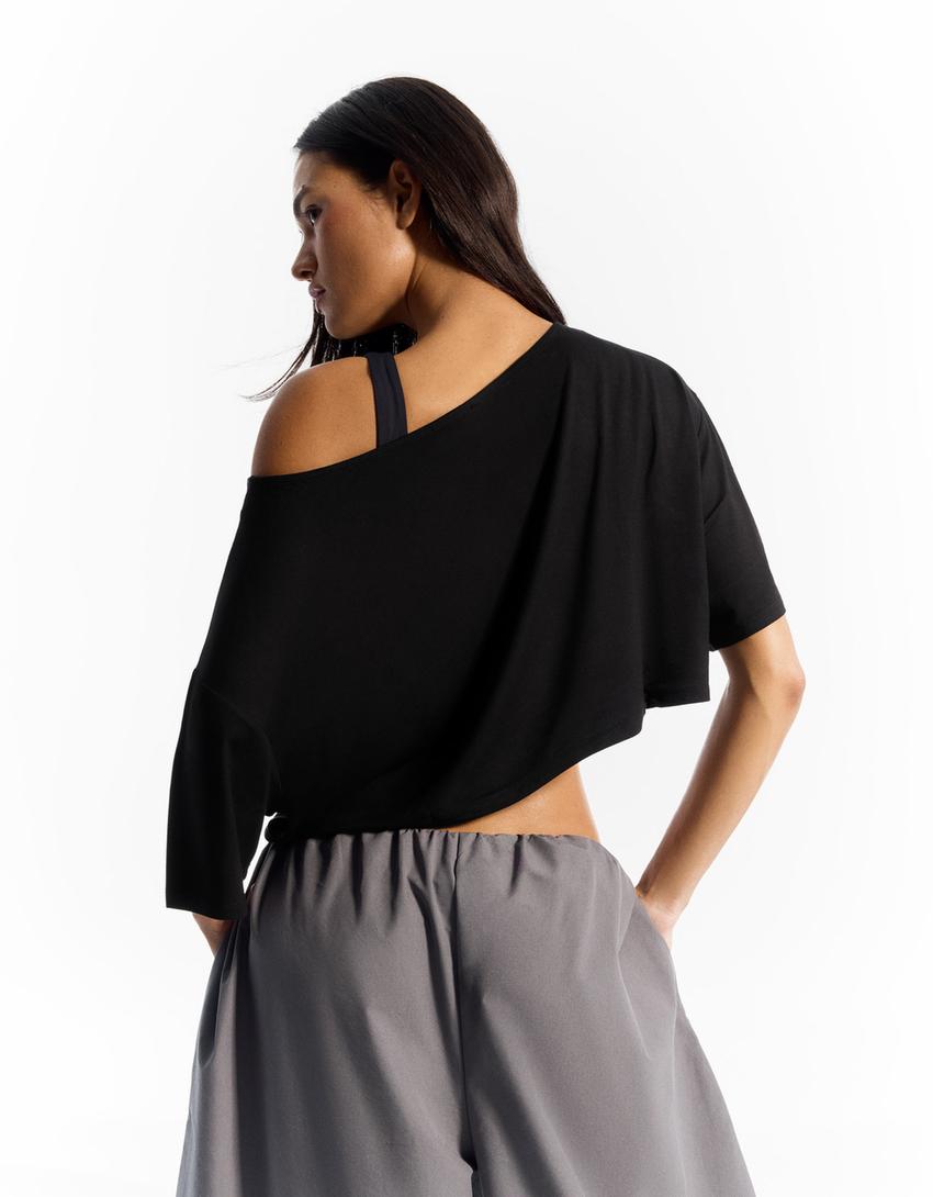 Maglietta asimmetrica a maniche corte-Nero