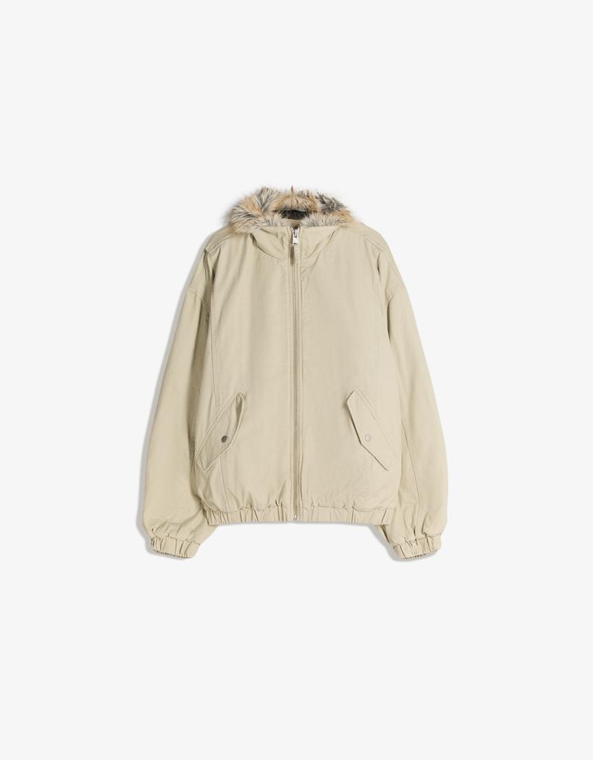 Faux fur lapel jacket-Cream