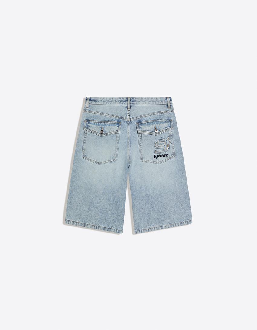 Embroidered denim Bermuda shorts-Light blue