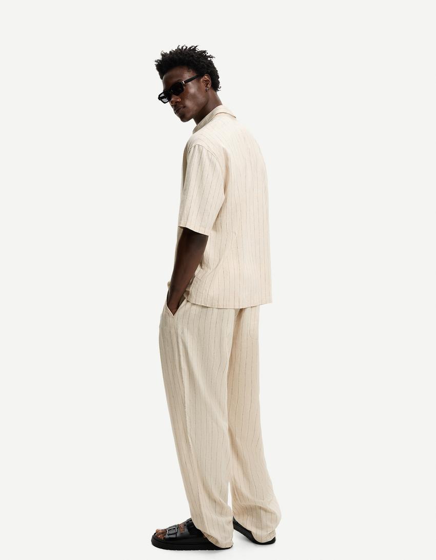 Pantalón wide leg jogger con lino-Beige-1