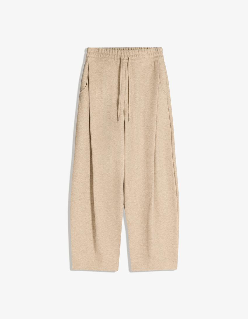 Balloon fit broek van synthetische wol met bandplooien-Zand