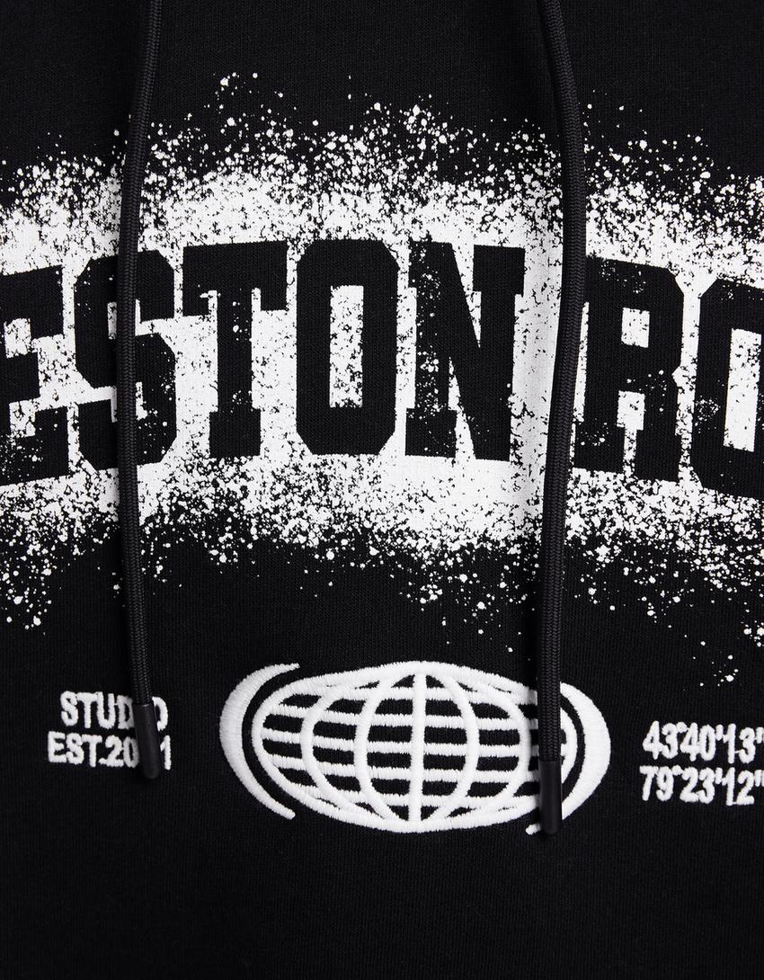 Boxy fit print hoodie-Black