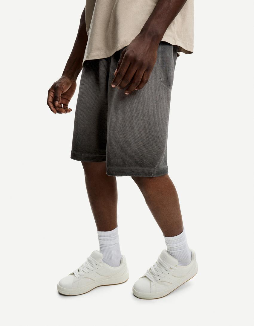 Faded-effect waffle-knit Bermuda shorts-Grey