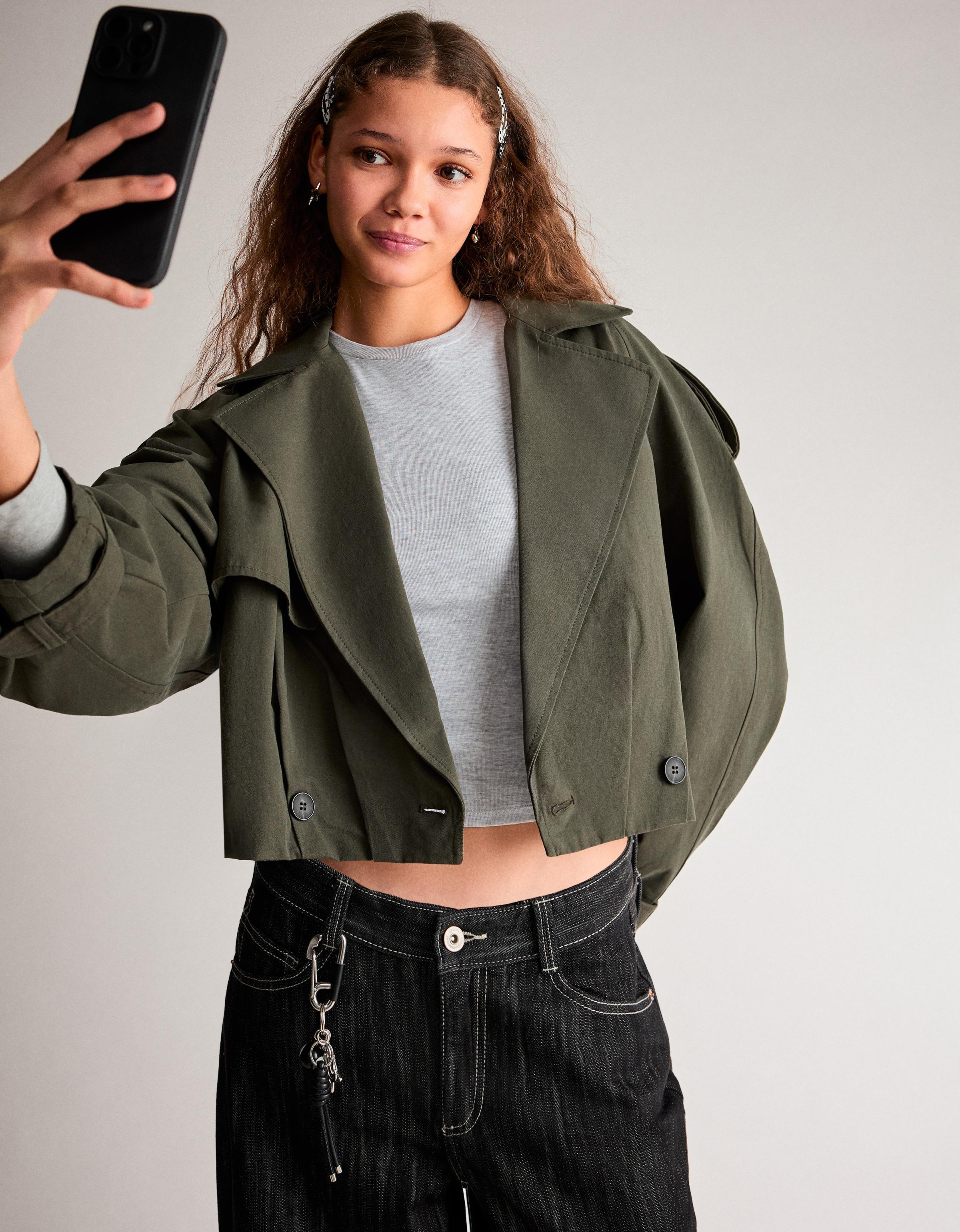 Balloon effect cropped trench coat — Khaki