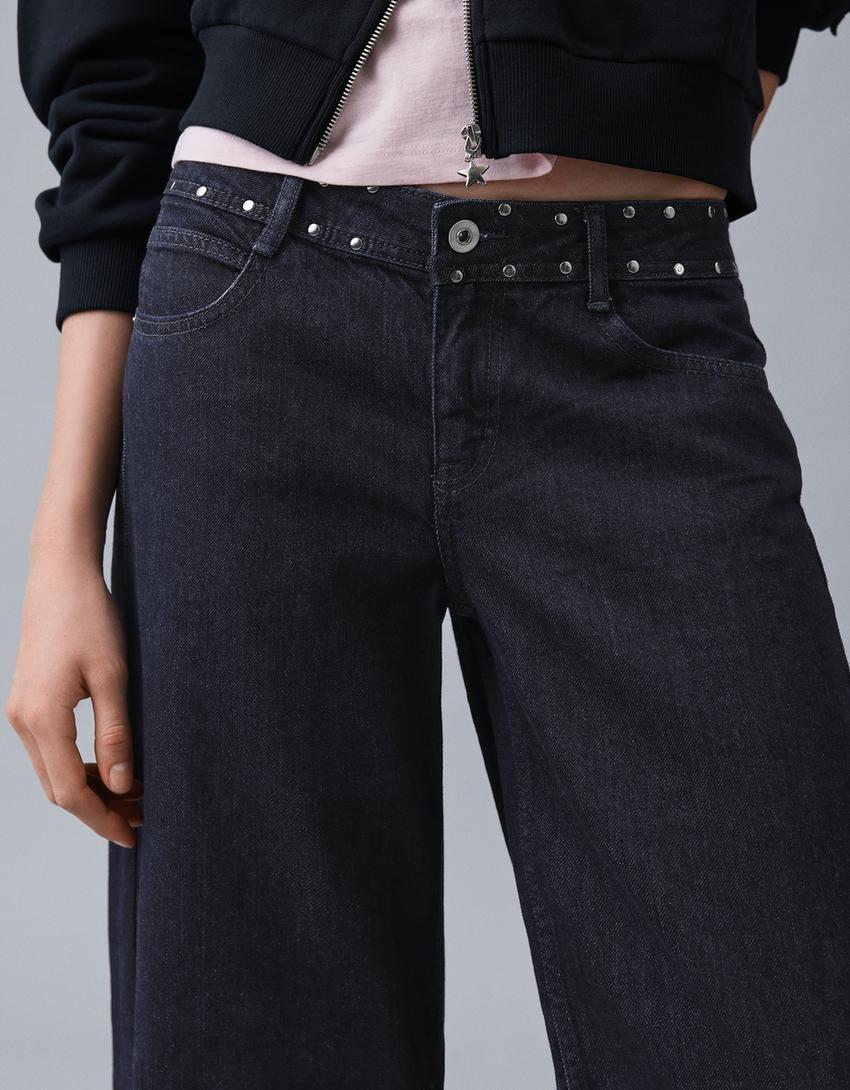 Baggy jeans med lav talje og nitter-Marineblå