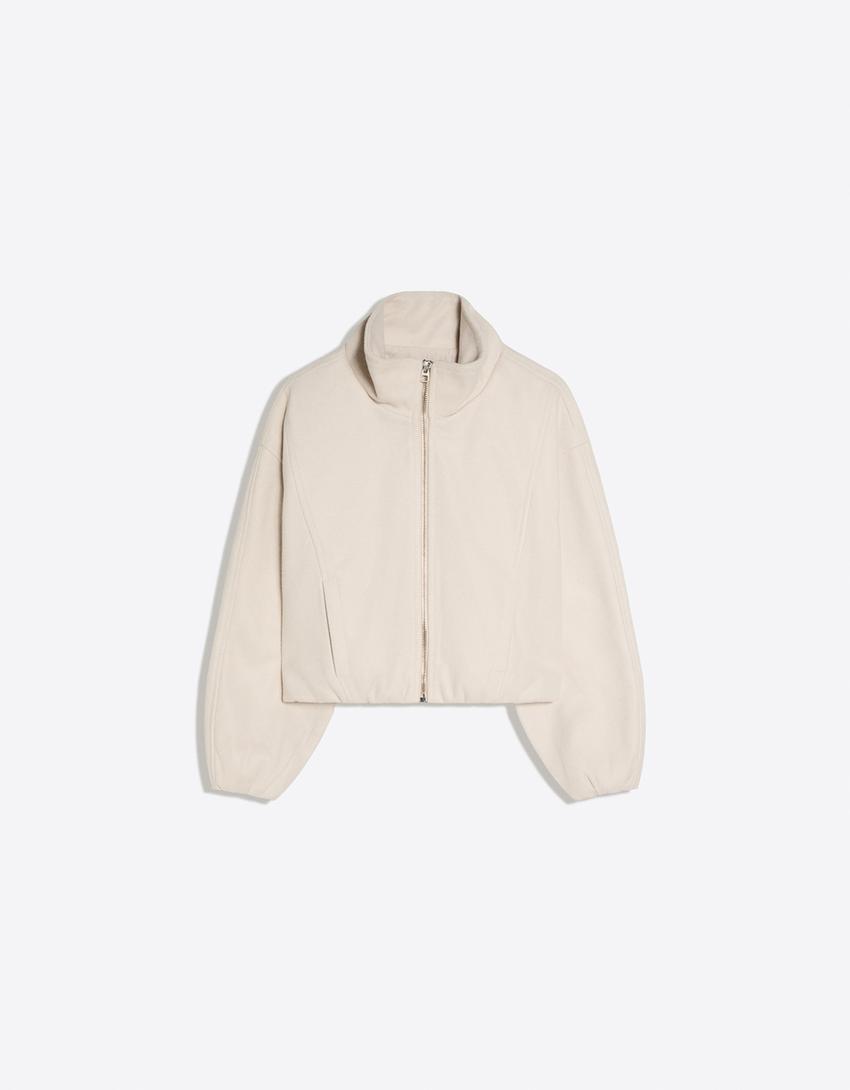 Felt-effect jacket with gathered hem-Cream