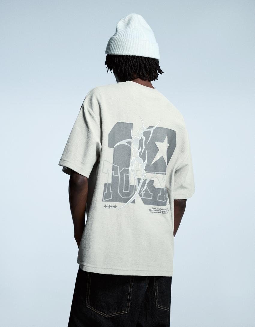 T-shirt à manches courtes en molleton imprimé-Gris