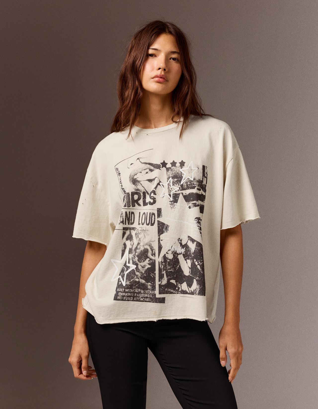 Short sleeve washed print T-shirt — Sand