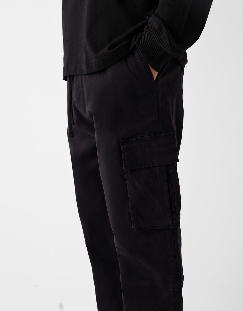 Calças cargo com algodão-Preto-3