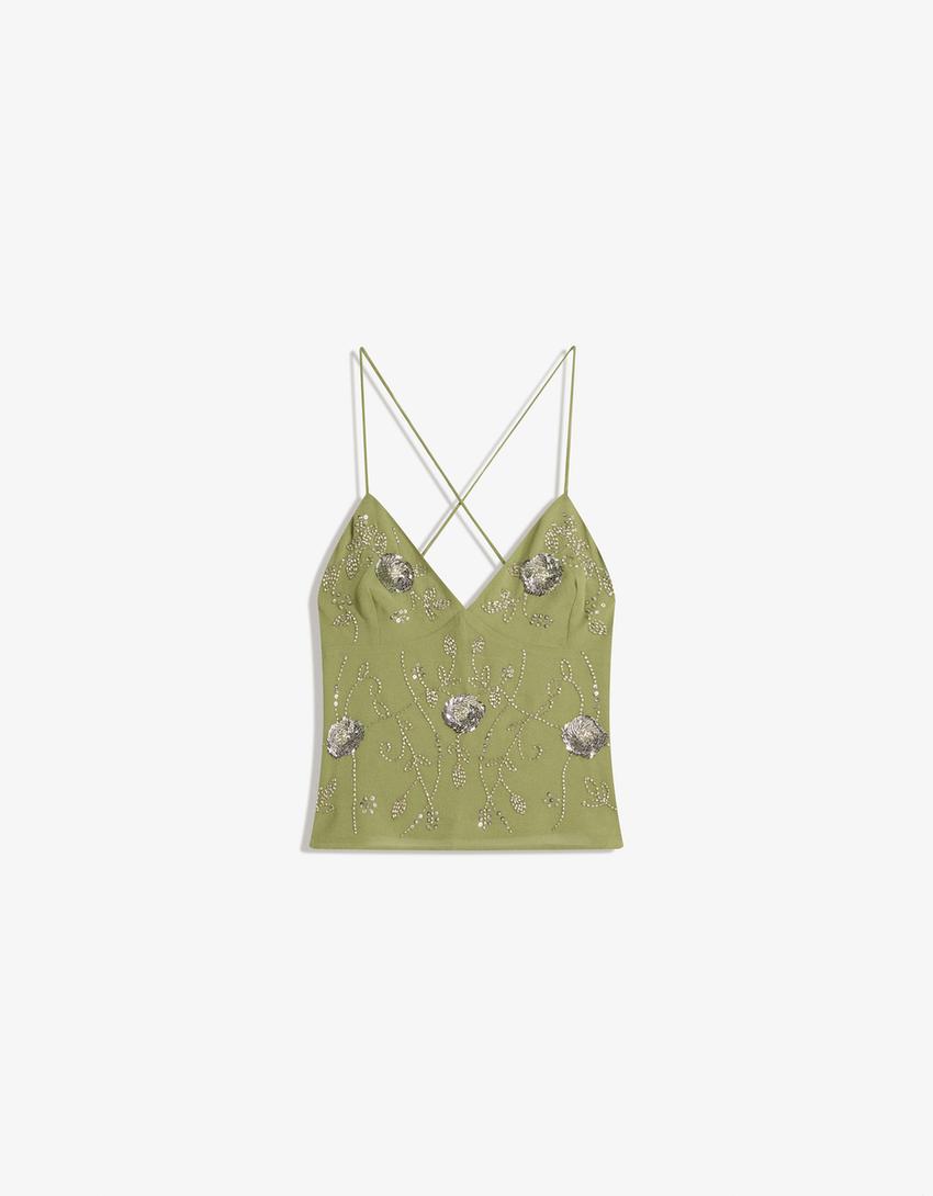 Strappy top with shimmery embroidery-Khaki-3