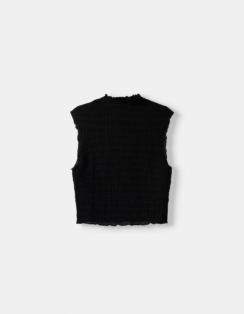 Sleeveless waffle-knit top-Black-4