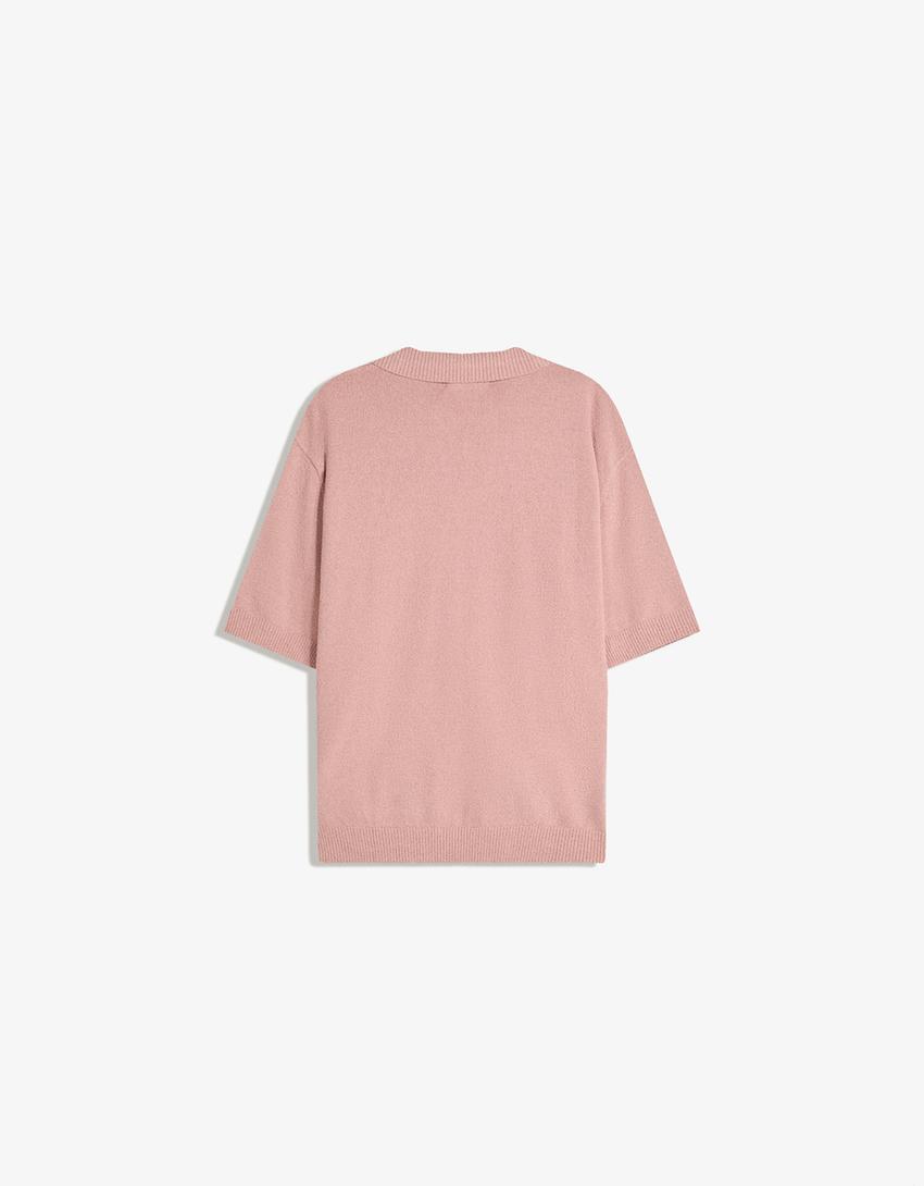 Textured terry polo shirt-Pink-5
