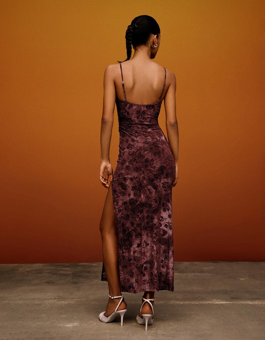 Robe midi à bretelles en tulle imprimé velours-Bordeaux