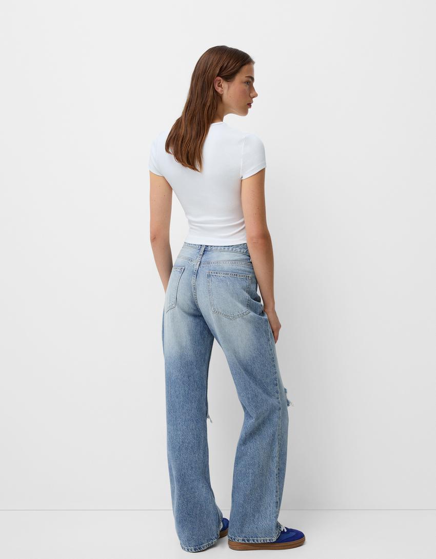 Ripped wide-leg ’90s jeans - Women | Bershka