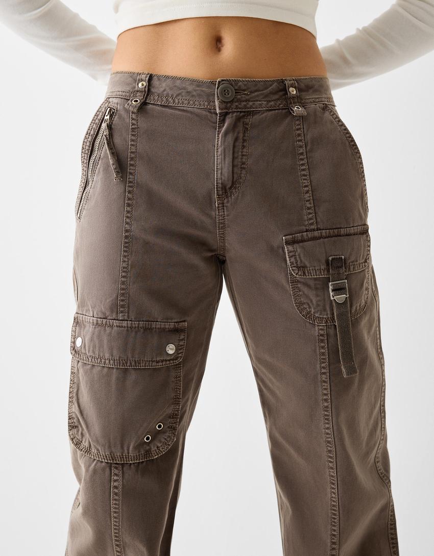 Pantalon cargo taille basse coton lanière-Sable-3