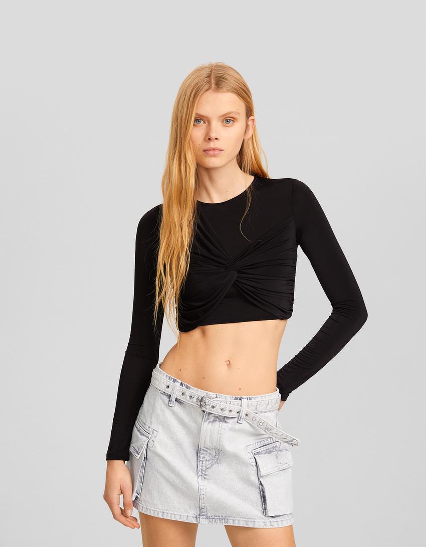 Belted twill cargo mini skirt-White