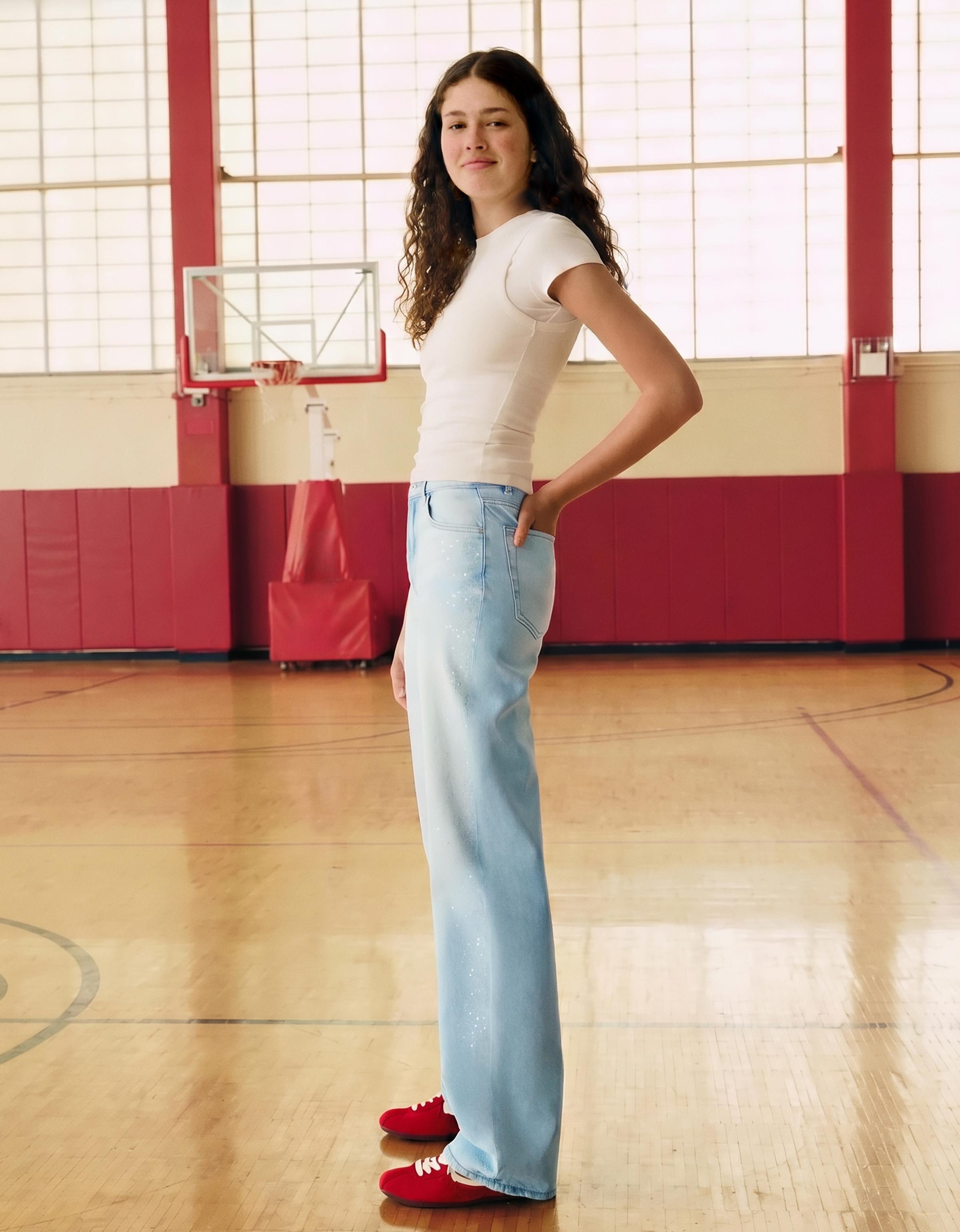 High-waist shimmery straight-leg jeans — Light blue