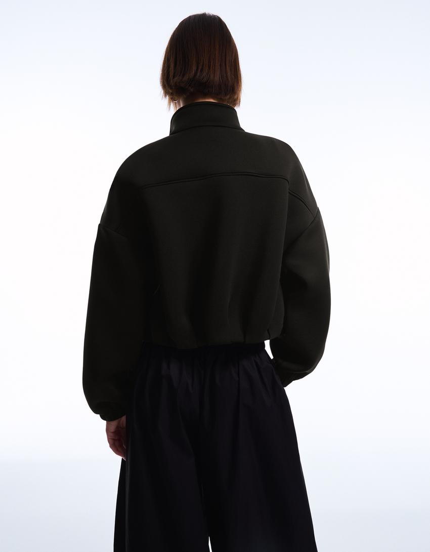 Neoprene effect balloon zip-up sweatshirt-Black