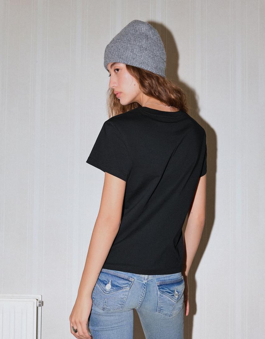 Short sleeve T-shirt with rhinestone print-Dark grey